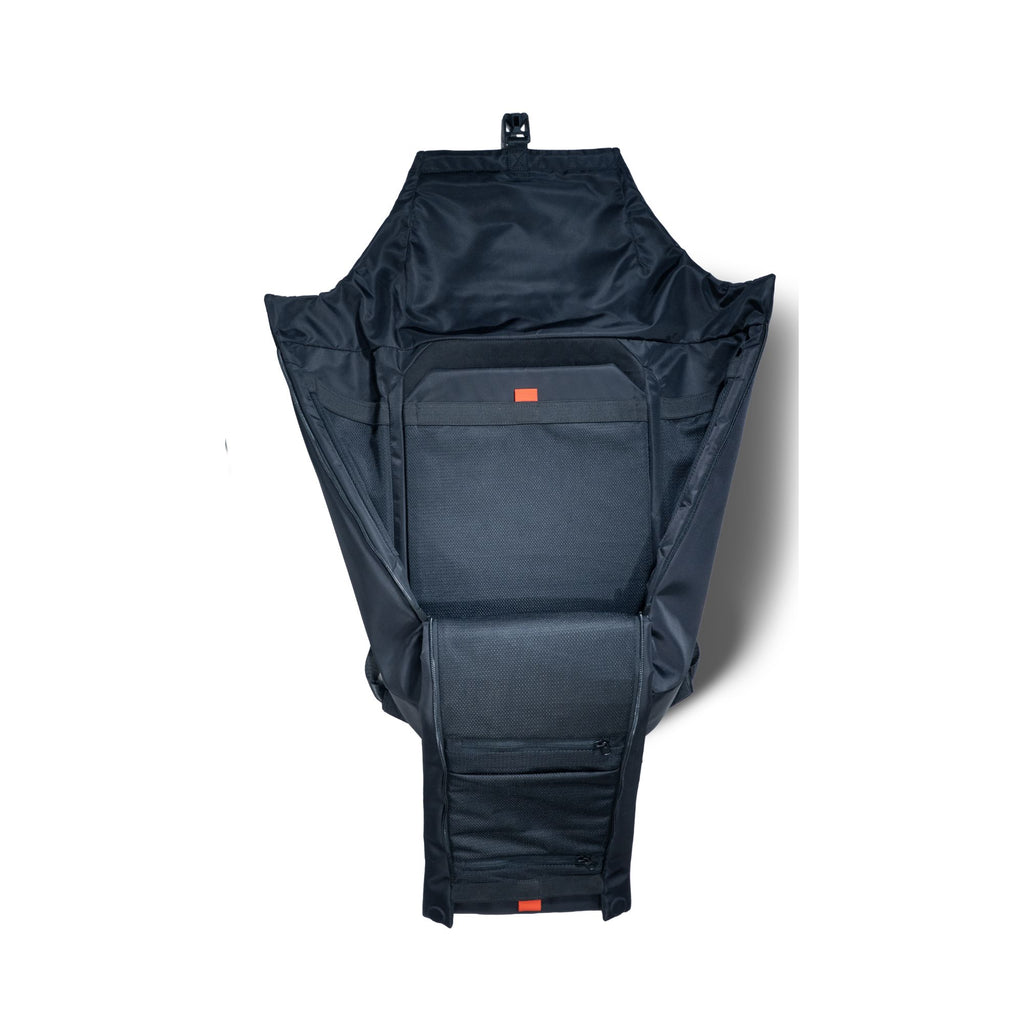 The Ulūk Outdoors backpack unzipped completely flat to display its internal laptop sleeve and pocket organization.