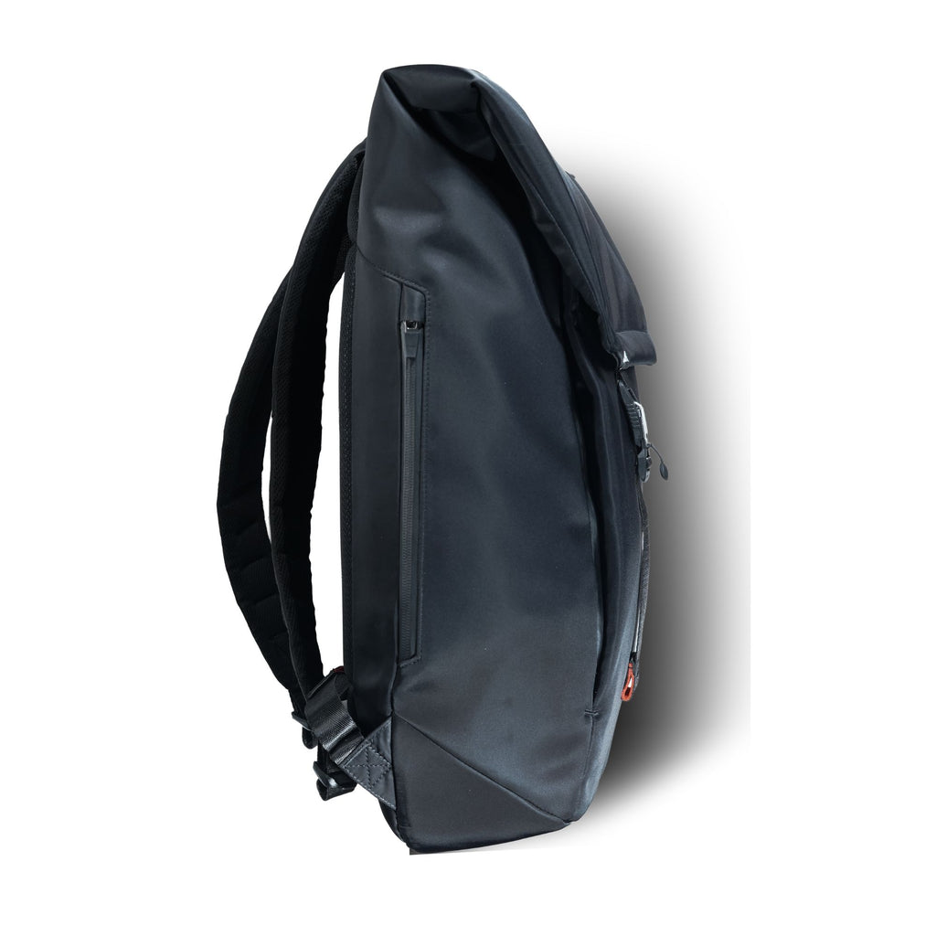Left side profile view of the structured black urban backpack.