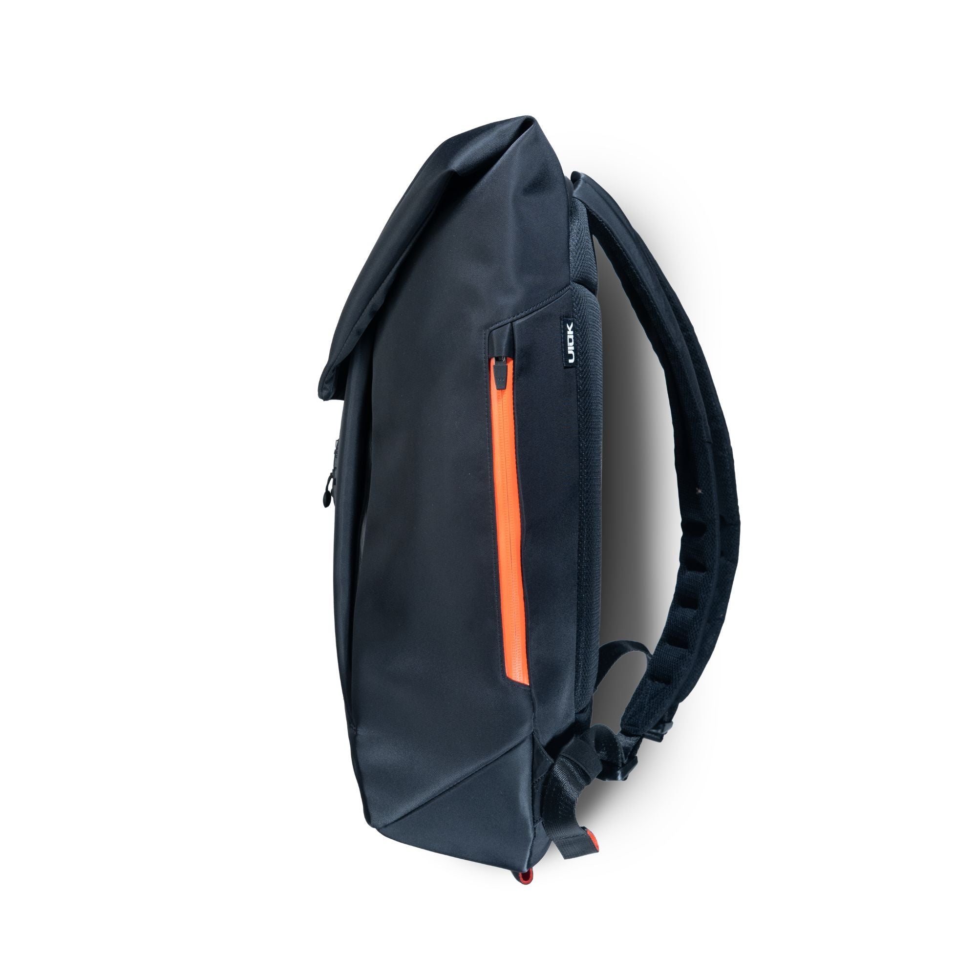Right side profile of the backpack showing a bright orange weather-resistant zipper.