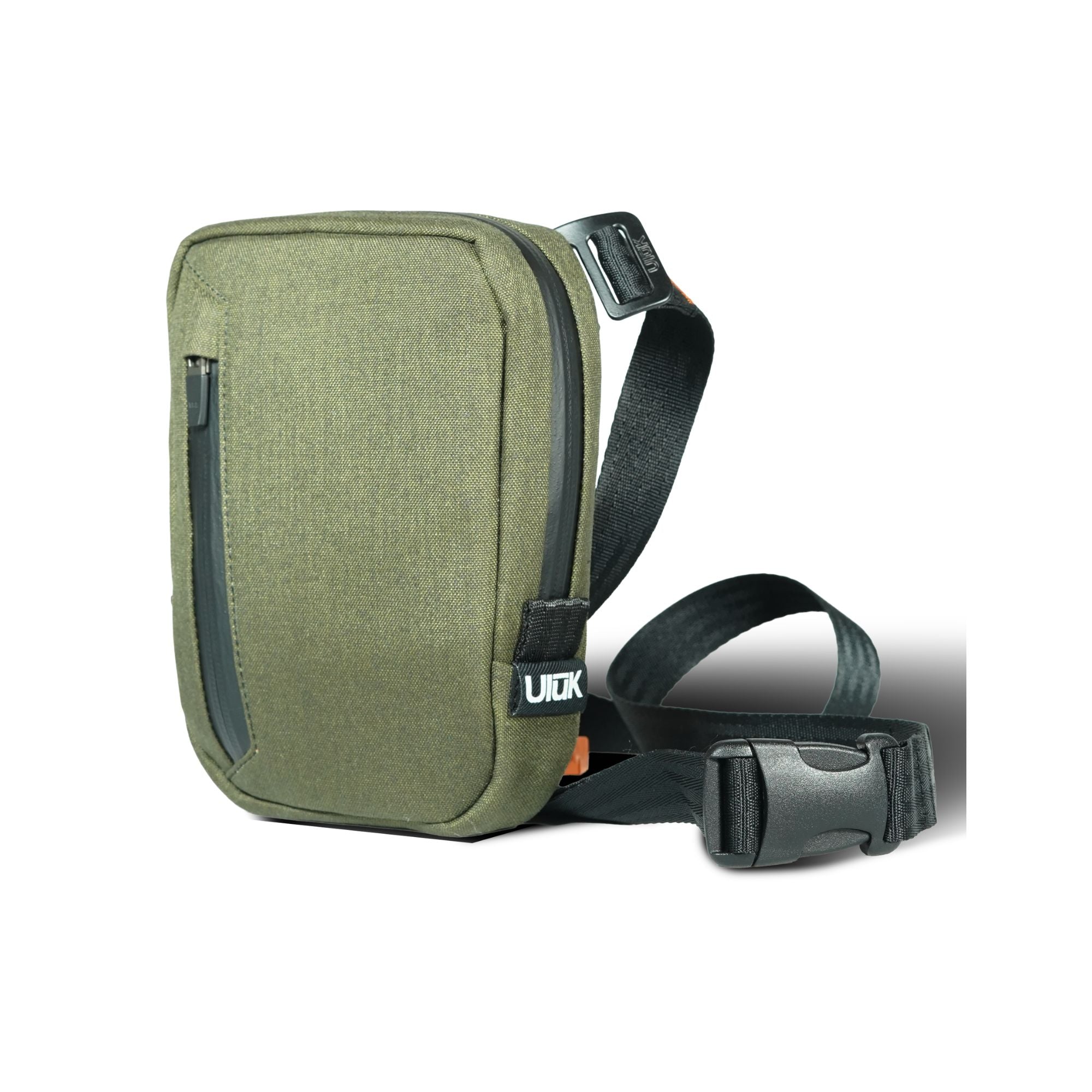 Angled view of the olive green microsling by Uluk Outdoors showing its black adjustable strap and buckle 