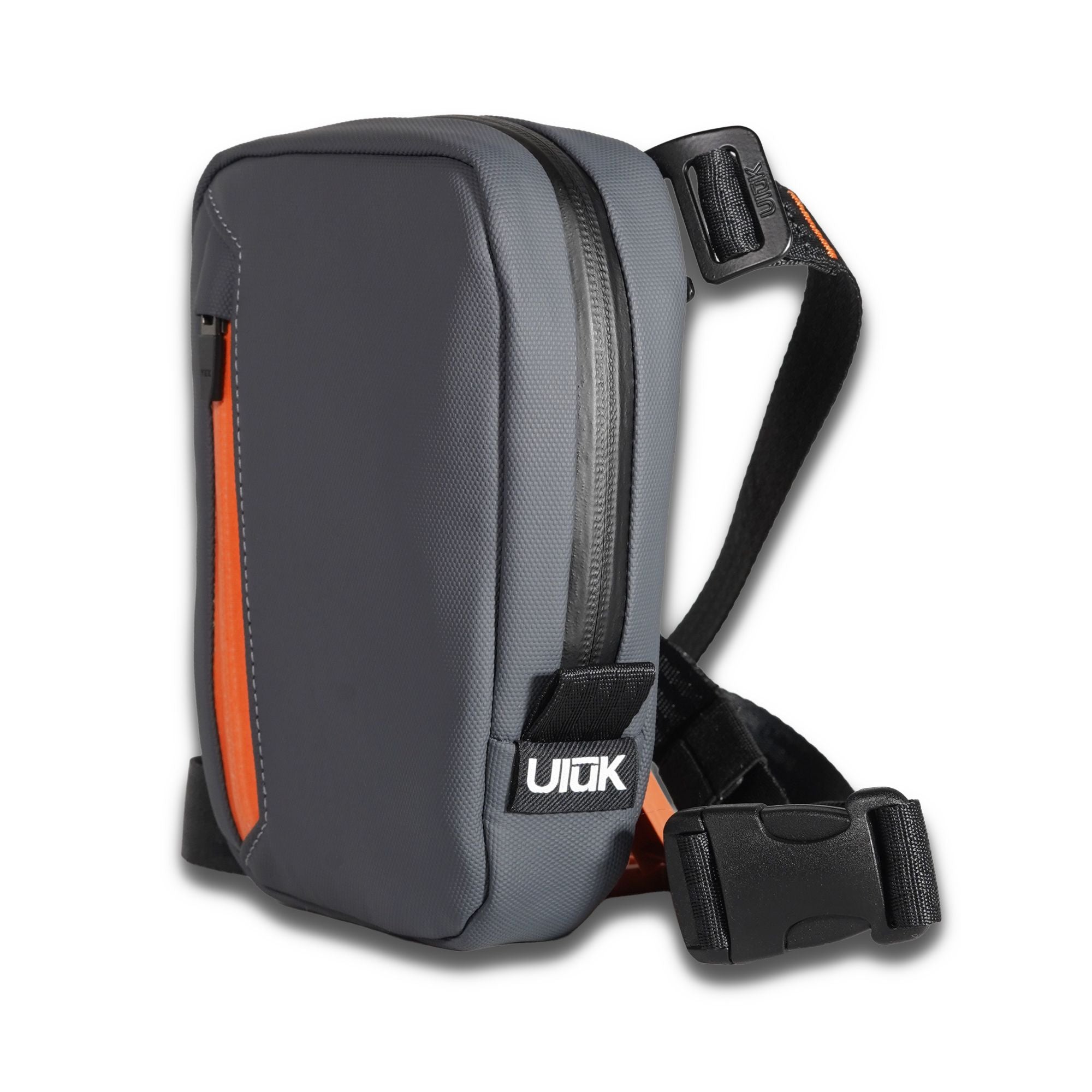 Angled view of the slate gray microsling showing its black strap and buckle.